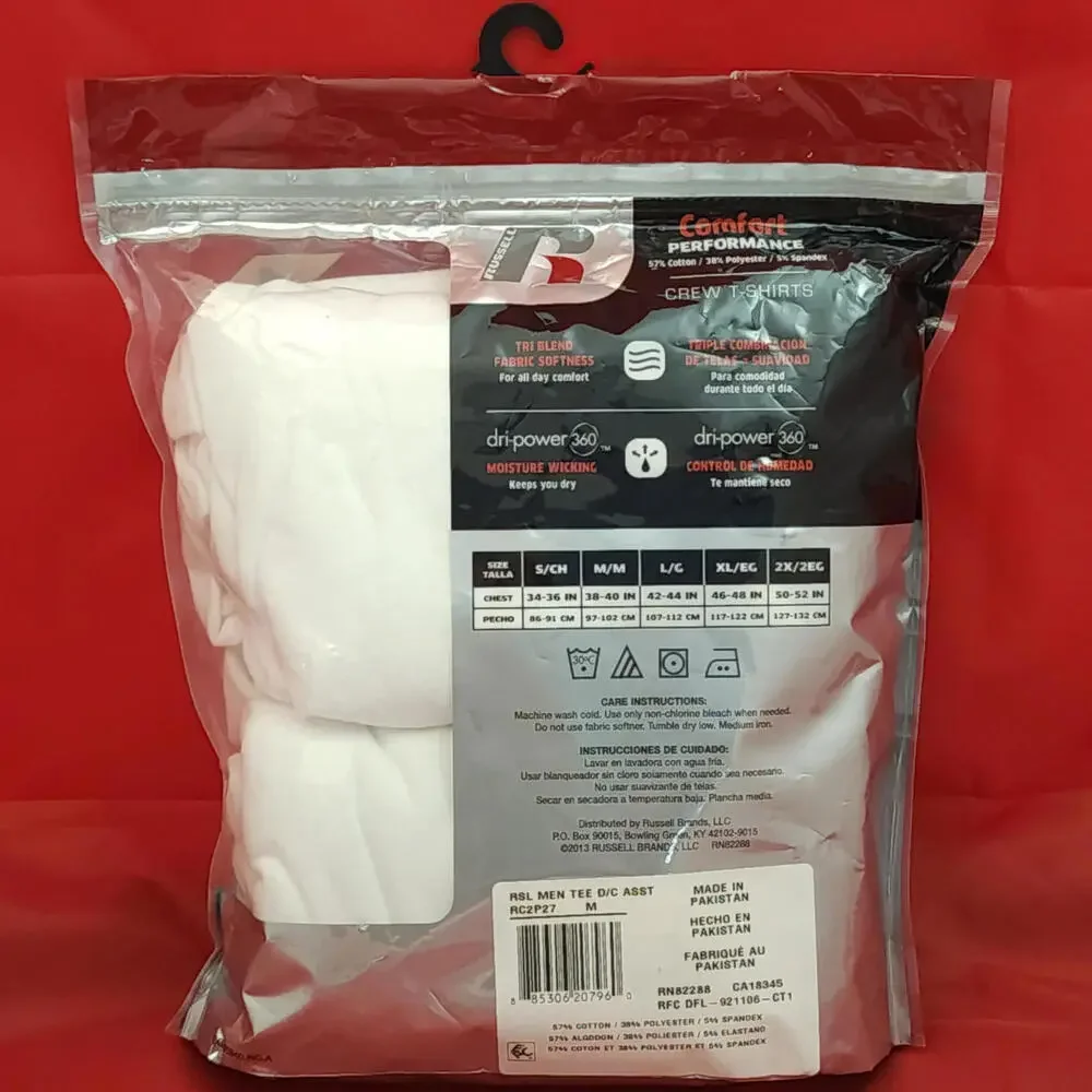 Russell Men's Comfort Performance 2-Pack White Crew T-Shirts Size M Moisture Wic